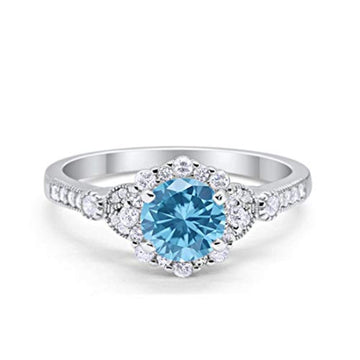 Floral Art Deco Engagement Ring Simulated Aquamarine CZ 925 Sterling Silver